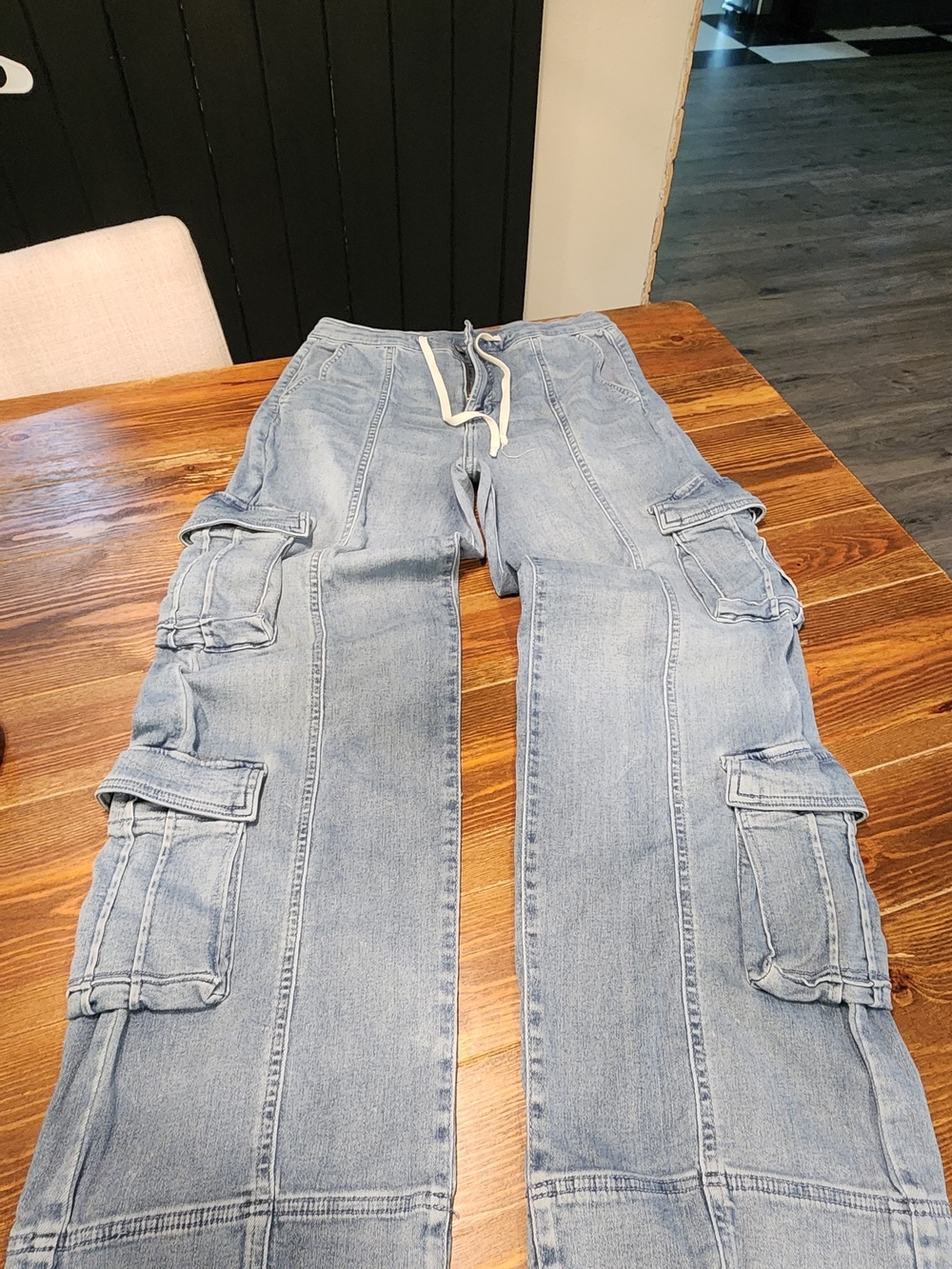 Vici Womens Light Blue Relaxed Cargo Jeans with Drawstring Waist